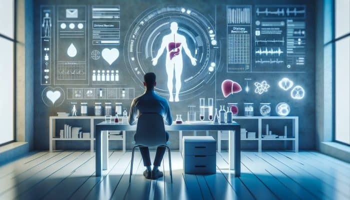Person in a modern lab, fasting for liver test, surrounded by dietary and medication guidelines.