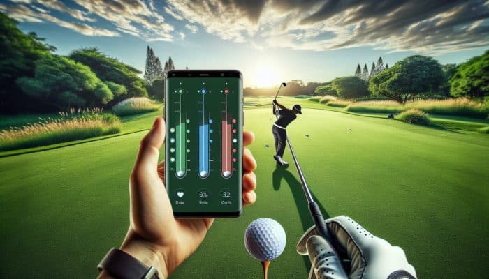 Top Golf Swing Analysis Apps: A golfer using a smartphone app on a green course to analyze swing with slow-motion and pro comparison.