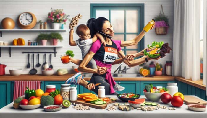 Supplements for Marathon Moms: A marathon mom in a vibrant kitchen, juggling family, work, and running, consuming nutrient-rich foods and supplements.