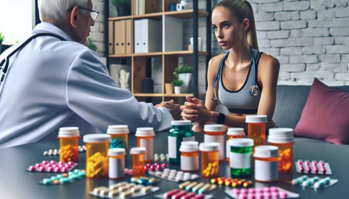 A marathon mom discussing supplements and medications with a healthcare provider for safe health management.