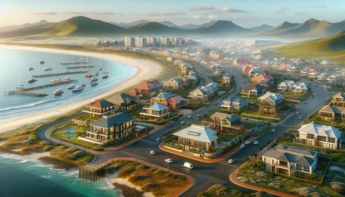 A vibrant Mossel Bay coastal scene with modern homes and bustling amenities, reflecting factors influencing property prices.