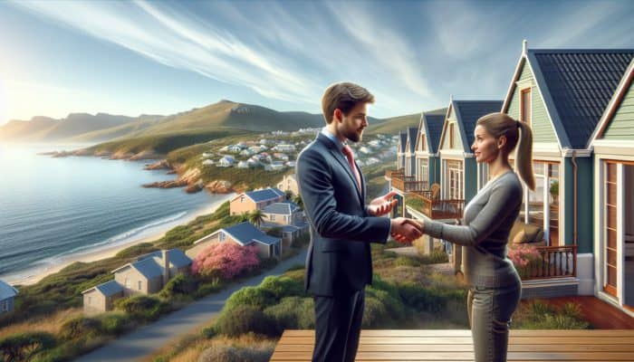 A first-time buyer in Mossel Bay, guided by an expert, avoiding pitfalls with scenic coastline backdrop.