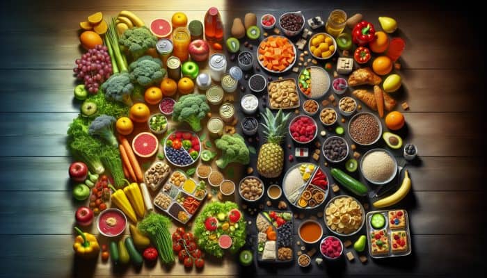 A table with whole foods like fruits, vegetables, and grains, contrasted with shadowy processed and sugary foods, illustrating diet's impact on diabetes risk.