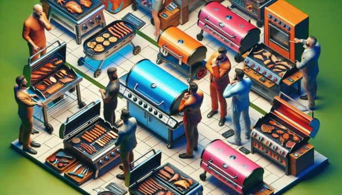 A comparison of electric, wood, and charcoal smokers and grills at a BBQ competition.