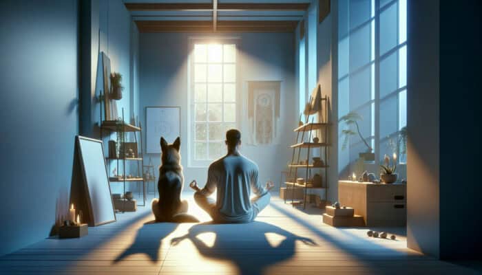 A person and dog meditating together in a serene, softly lit room, fostering tranquility and a deep emotional bond.
