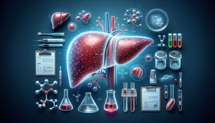 Illustration of a liver with labeled sections for enzyme and protein production, surrounded by test tubes and diagnostic charts.