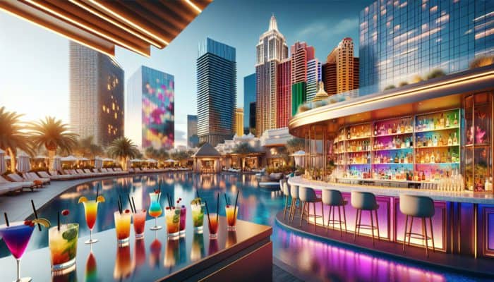 Day Drinking Deals at Las Vegas Casinos: A vibrant poolside bar at The Cosmopolitan with colorful cocktails and views of the Las Vegas Strip.
