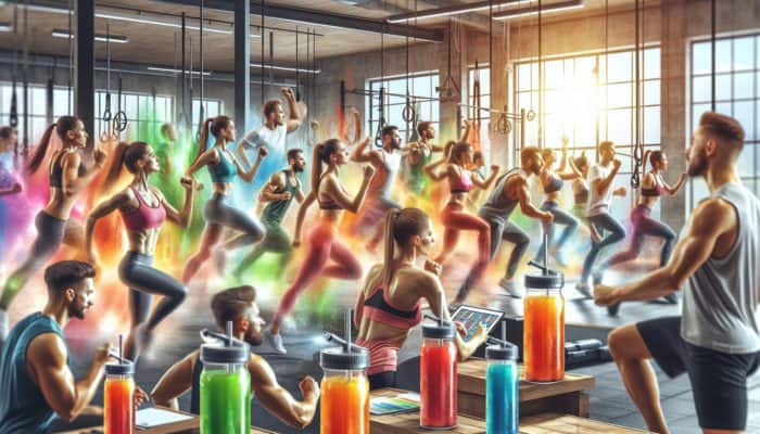 A vibrant group fitness class with colorful pre-workout drinks, showing increased focus and vitality in a modern gym.
