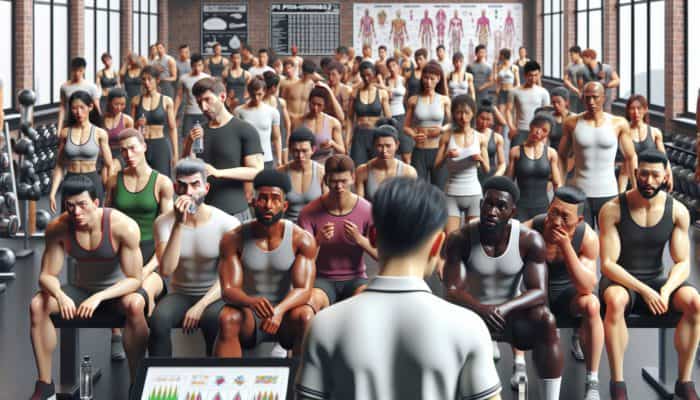 Diverse group in gym experiencing jitters and discomfort, consulting with instructor about pre-workout supplements.