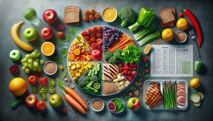 Healthy Eating for Energy Boost: A colorful UK meal with balanced portions of fruits, vegetables, grains, and proteins for optimal health.