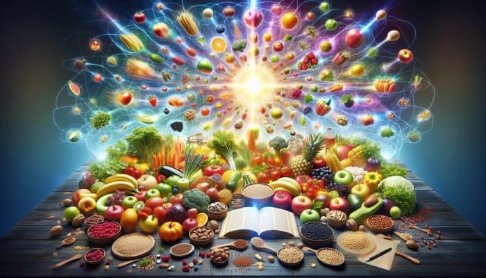 A vibrant table with colorful, nutritious foods and glowing energy orbs symbolizing vitality and health.