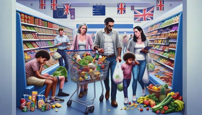 A busy UK family choosing high-sugar convenience foods over fresh produce in a supermarket.