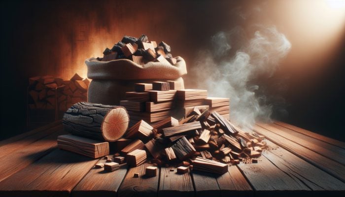 Large wood chunks and small wood chips on a table, with smoke rising.