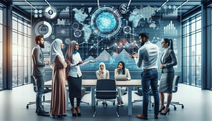 Financial experts analyzing graphs and charts on debt consolidation loan calculators in a conference room.