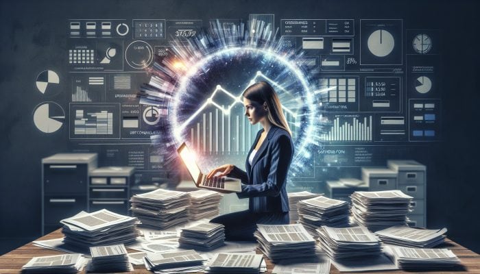 A young professional in London uses a debt consolidation calculator on a laptop, surrounded by financial documents, with a graph showing savings.
