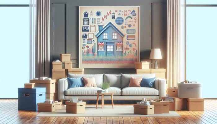 A tidy UK home after clearance, with organized boxes and a clean, serene living room.
