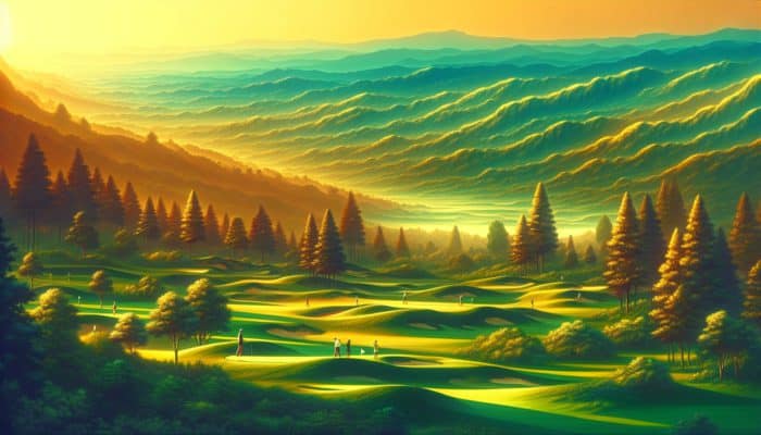 Camelot Golf Club: A serene South African landscape at dawn with Camelot Golf Club's lush course and golfers.