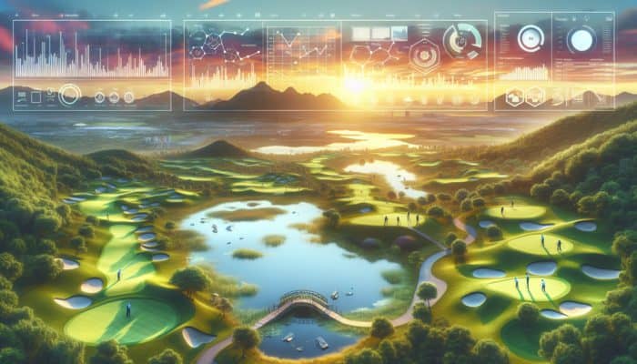 Panoramic sunset view of Camelot Golf Club's 18 holes, challenging and strategic layout amidst lush greenery.