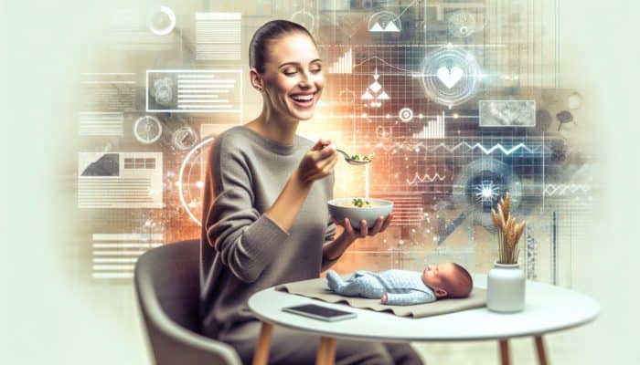 A new mother eating a small meal every few hours, looking content with her newborn nearby.