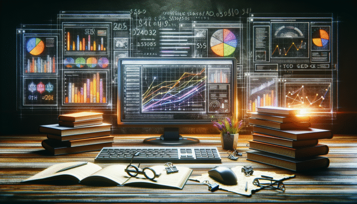 A digital workspace with screens showing backlink analysis graphs, SEO books, and notes.