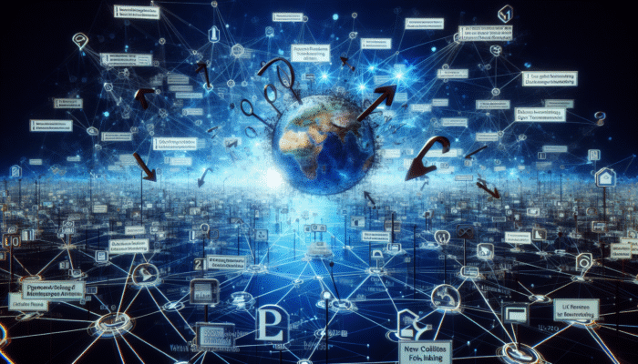 A digital landscape with interconnected nodes, arrows showing SEO performance and networking prospects.