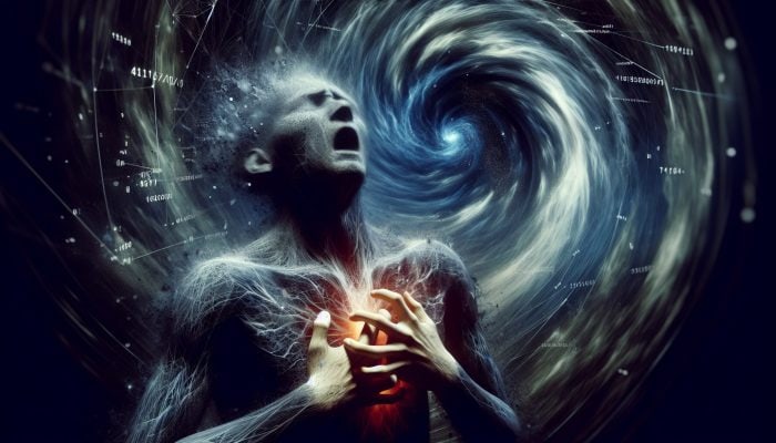 Foods for Panic Attack Relief: Person clutching chest, heart palpitations, surrounded by dark vortex symbolizing fear and doom during panic attack.
