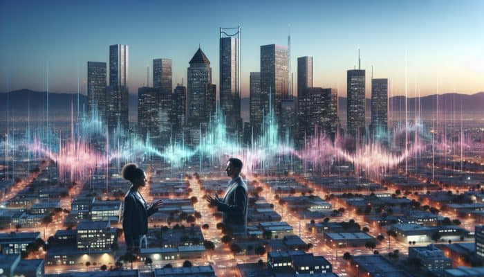 Urban landscape at dusk with soundwave patterns and city architecture, experts discussing noise camouflage.