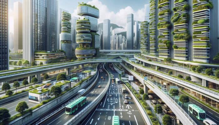A cityscape with sound barriers, green roofs, and noise-canceling public transport improving urban life.