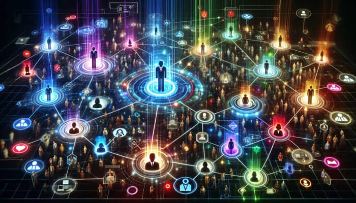 A vibrant network of professionals connected by glowing lines, with virtual assistants at the center receiving referrals and collaborating.