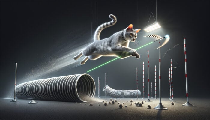 Egyptian Mau sprinting through agility tunnels, chasing feather and wand toys, guided by laser pointer.