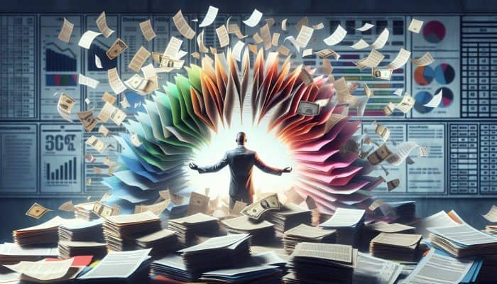 How to Get a Debt Consolidation Loan Fast: UK Guide | DCL Person relieved as multiple colorful debt papers merge into one manageable loan document with lower interest rate.