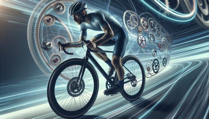 A cyclist mastering spin control on a sleek bike amidst spinning wheels and gears, with blurred racing tracks in the background.