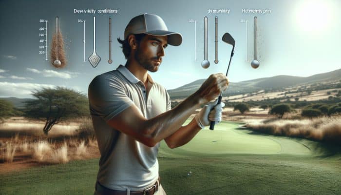 Golfer adjusting grip on club for spin control in South Africa's varying humidity on green course.