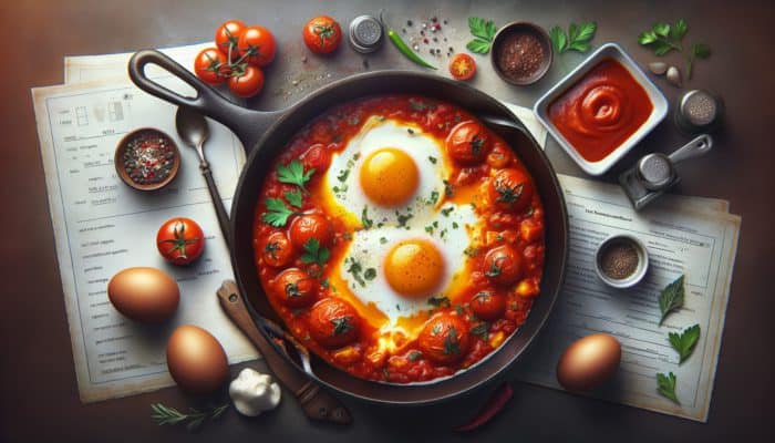 Shakshuka with perfectly poached eggs, firm whites, runny yolks, in rich tomato sauce, skillet, herbs.
