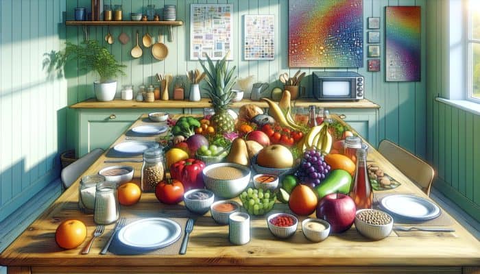 A colorful UK kitchen table with a variety of vegetarian dishes, showcasing a balanced meal plan.