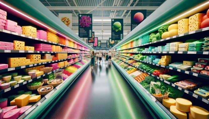 Colorful plant-based meat alternatives and dairy-free cheeses in a UK supermarket aisle, reflecting vegetarian and vegan trends.