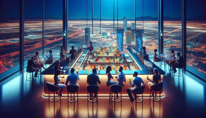 Vegas Day Drinking Spots With the Best Views: A vibrant bar on the 108th floor of the Stratosphere with stunning views of Las Vegas and signature cocktails.