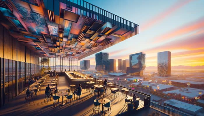 A vibrant Las Vegas rooftop bar at sunset with unique architecture and sweeping views of the Strip and natural landscapes.