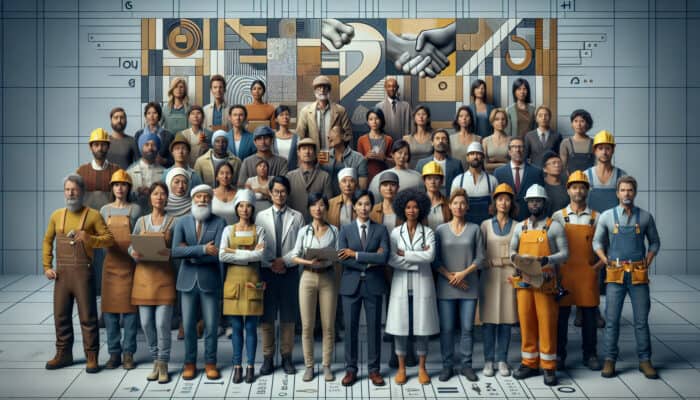 A diverse group of global workers holding fair wage standard signs, with equity and respect symbols.