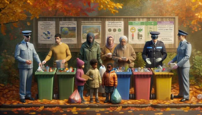Autumn Waste Rules for House Clearance: UK residents sorting waste into labeled bins, guided by a council officer, with Environmental Protection Act posters in background.
