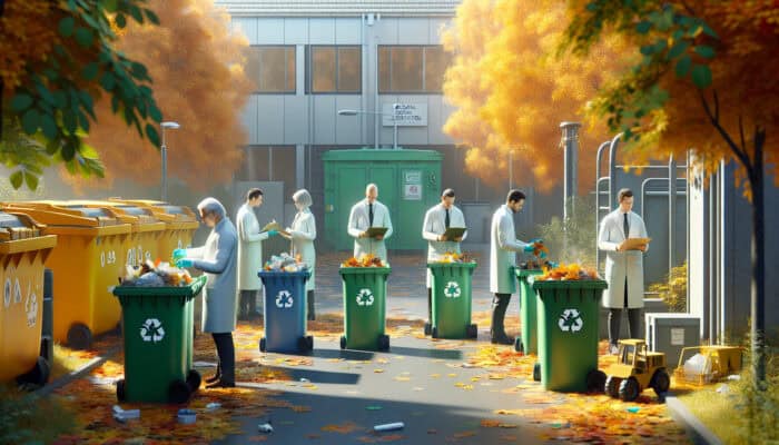 Autumn waste clearance with professionals auditing and using color-coded bins: green for organic, blue for recyclables.