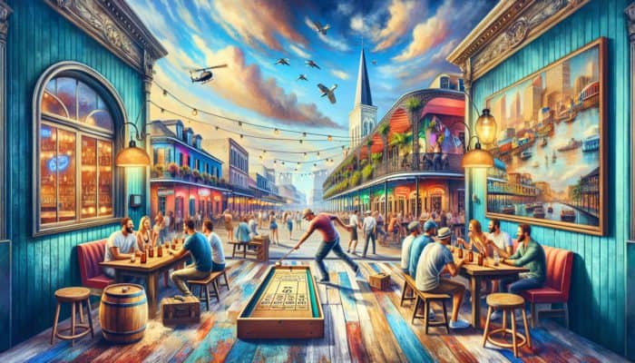 Best Day Drinking Venues With Shuffleboard: A lively New Orleans bar scene with people day drinking and playing shuffleboard amidst colorful architecture.