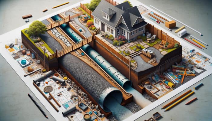 French Drain Services in Vancouver: Cross-section of a French drain in a Vancouver yard, showing gravel trench and perforated pipe diverting rainfall.