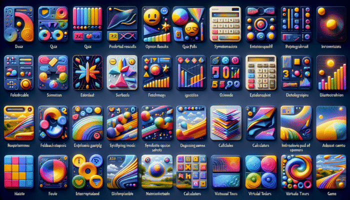 A vibrant digital interface showcasing interactive elements like quizzes, polls, infographics, surveys, games, calculators, and virtual tours.