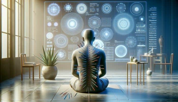 Acupuncture for Students’ Stress: A serene acupuncture session with needles on a student's back in a tranquil room, promoting stress relief and focus.