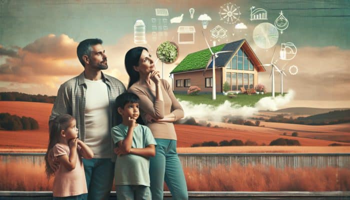 Prepper Relocation Guide: A family evaluating a safe rural home with resources like water and energy, surrounded by a serene landscape.