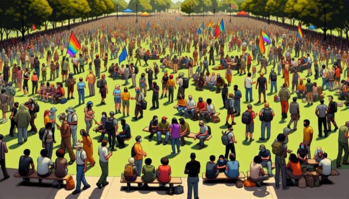 A diverse community in a park engaging in preparedness drills and resource sharing, with banners promoting mutual aid.