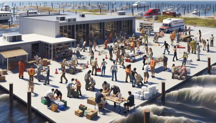 Coastal community practicing hurricane evacuation drills, building shelters, and organizing supply storage.