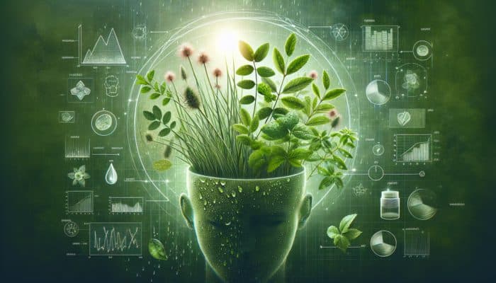 Herbal Solutions for Dandruff: A lush garden with tea tree, neem, and aloe vera, symbolizing natural dandruff remedies, with a healthy scalp.