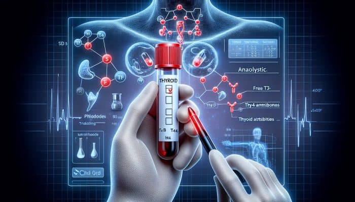 Thyroid Blood Test in Durham: Illustration of a blood test for thyroid hormones TSH, Free T4, Free T3, and antibodies, crucial for metabolism regulation.